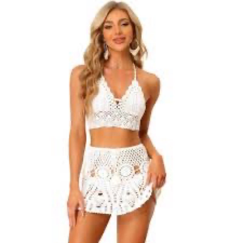 Women Crochet Knit Skirt Set Pearl Halter Tank Top Mini Skirt Y2K Hollow Out 2 Piece Cover Up Vacati