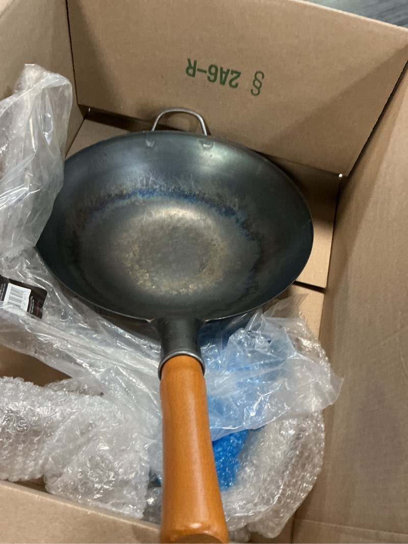 Condition photo showing As Is for yosukata 13.5" carbon steel wok pan – pre-seasoned flat bottom pow wok for stir fry, bbq, grill & camping – traditional japanese chinese cookware – compatible with induction, electric, gas, open fire