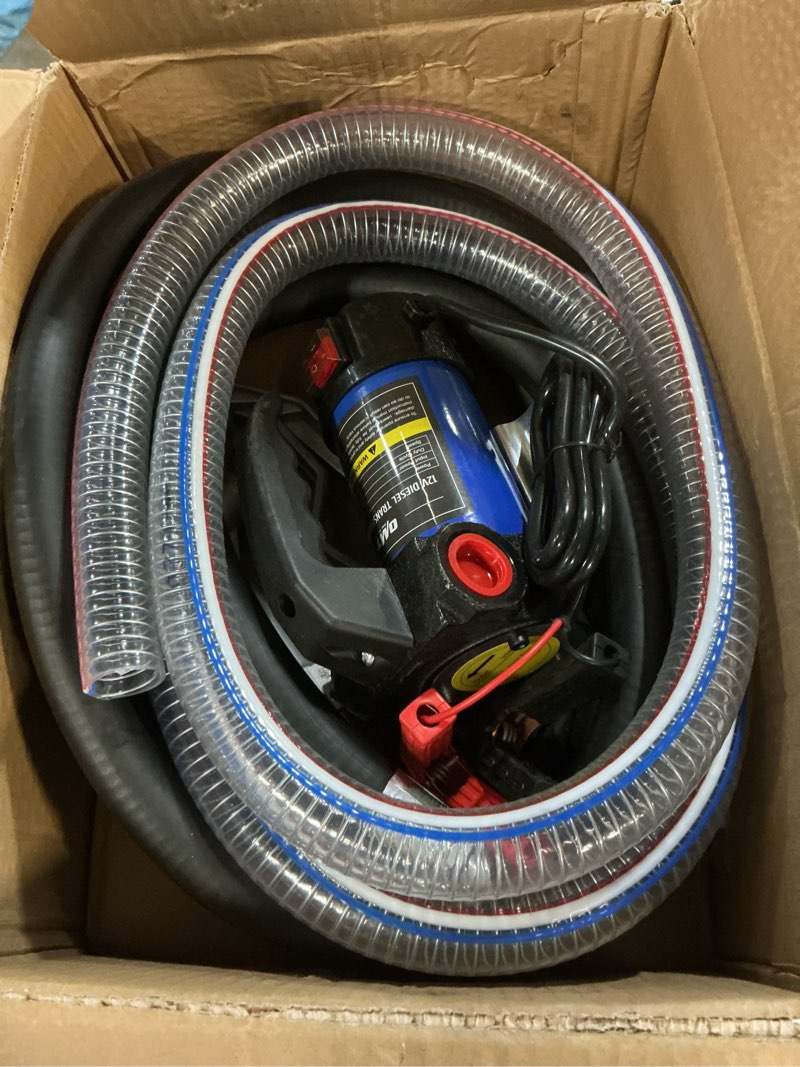 Condition photo showing As Is for orion motor tech diesel transfer pump, 12 volt fuel transfer pump with nozzle hoses for transferring diesel, kerosene, self priming dc electric fuel pump kit, oil not included 12gpm diesel pump kit