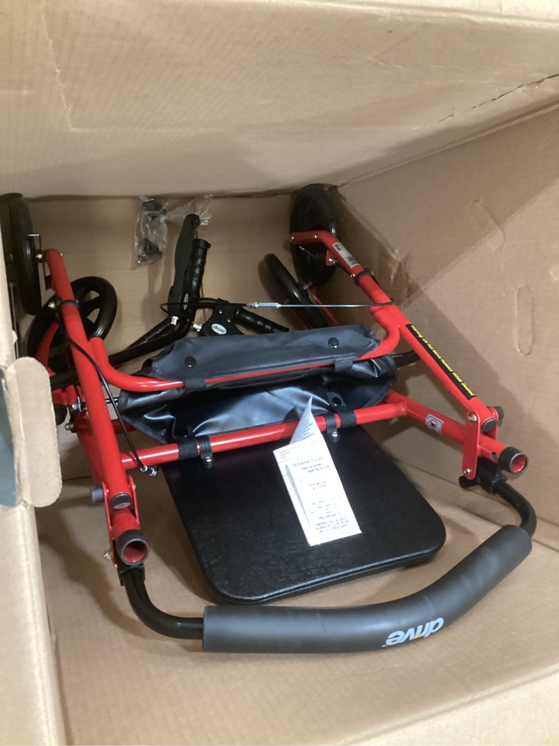Condition photo showing As Is for drive medical rollator walker with seat - stable mobility support - height adjustable - durable steel frame construction - smooth 7.5" wheels - foldable frame - 350 lb limit - red