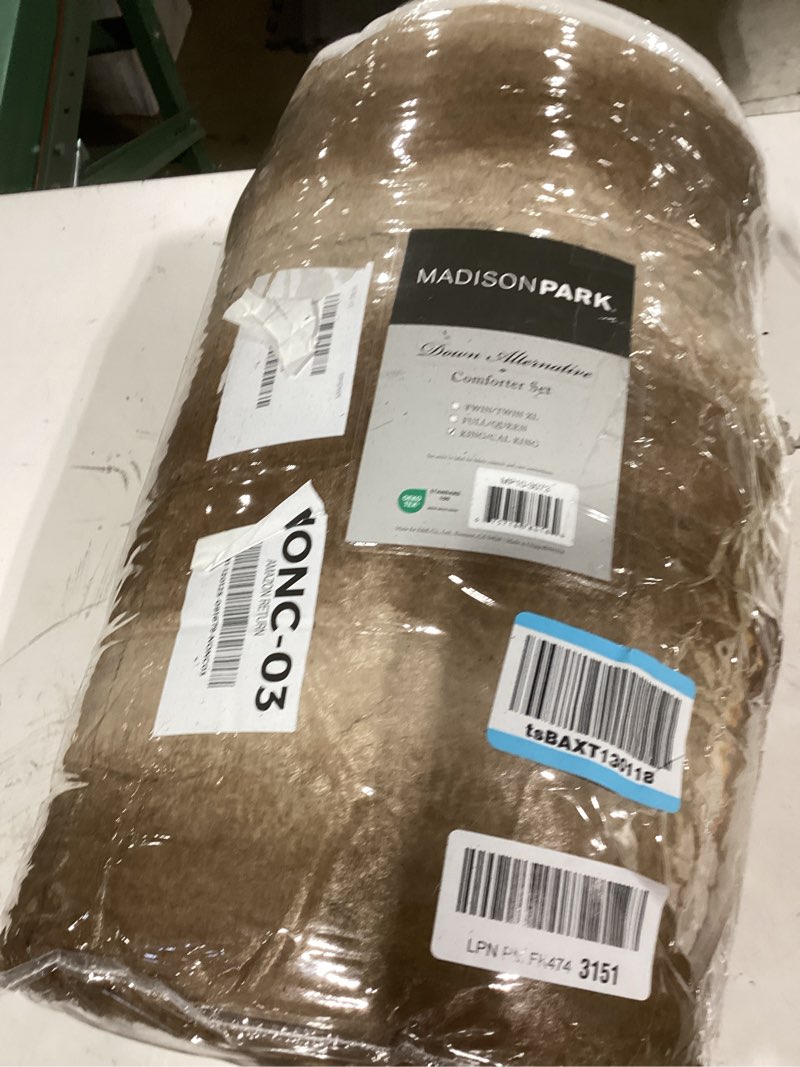 Condition photo showing As Is for Madison Park Zuri Soft Plush Comforter Set, Faux Fur Animal Stripes Design, Faux Mink On The Reverse, Modern All Season Bedding Set with Matching Sham, Full/Queen, Tan 4 Piece