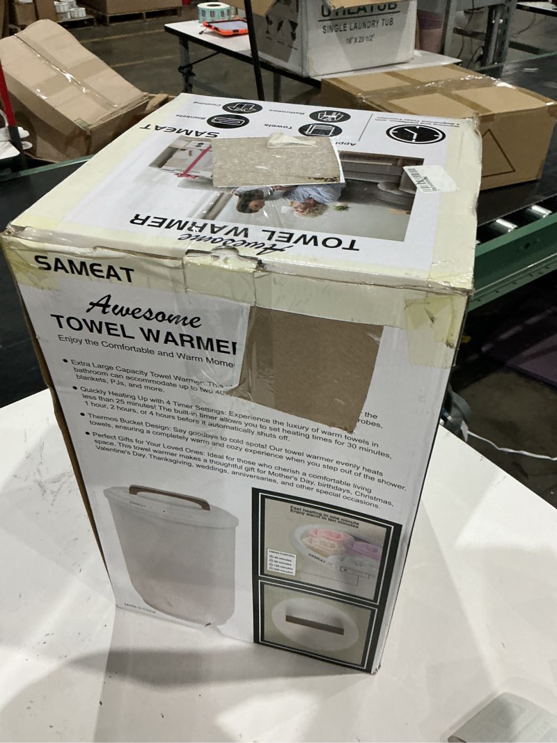 Condition photo showing Good Condition for sameat heated towel warmers for bathroom - large towel warmer bucket, wood handle, auto shut off, fits up to two 40"x70" oversized towels, white
