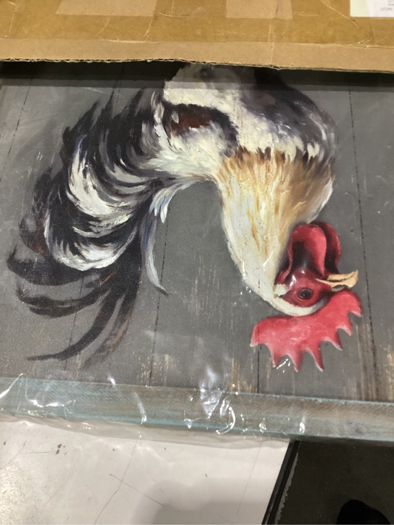 Condition photo showing Good Condition for rooster wooden wall art decor: farm cock picture country animal framed artwork rustic farmhouse chicken painting for the kitchen bedroom 12"x12"