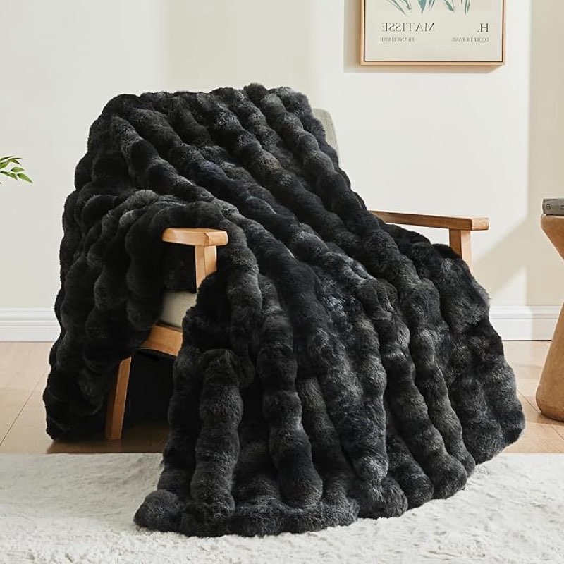 bedelite faux fur throw blanket for couch, decorative tie-dye black plush bubble blanket - super soft & cozy fluffy faux rabbit fur blanket for women gift, 50x60 inches