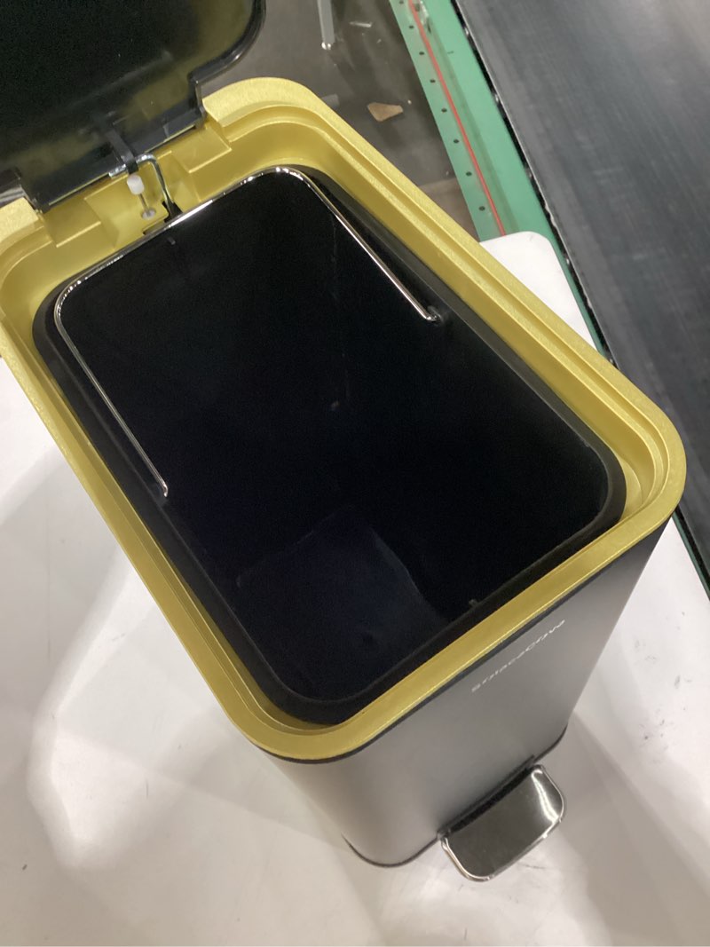 Condition photo showing Good Condition for Stainless Steel 4 Gallon Slim Trash Can with Lid,15 Liter Bathroom Garbage Can with Removable Wastebasket, Rectangular for Bathroom, Office,Living Room,Kitchen (Black) 15L Black