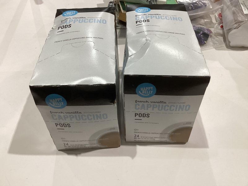 Condition photo showing New/Like New for Amazon Brand - Happy Belly Cappuccino Coffee Pods Light Roast Compatible with 2.0 K-Cup Brewers, French Vanilla Flavored, 24 Count, 1.5 pound (Pack of 1) French Vanilla Flavored 24 Count (Pack of 1)