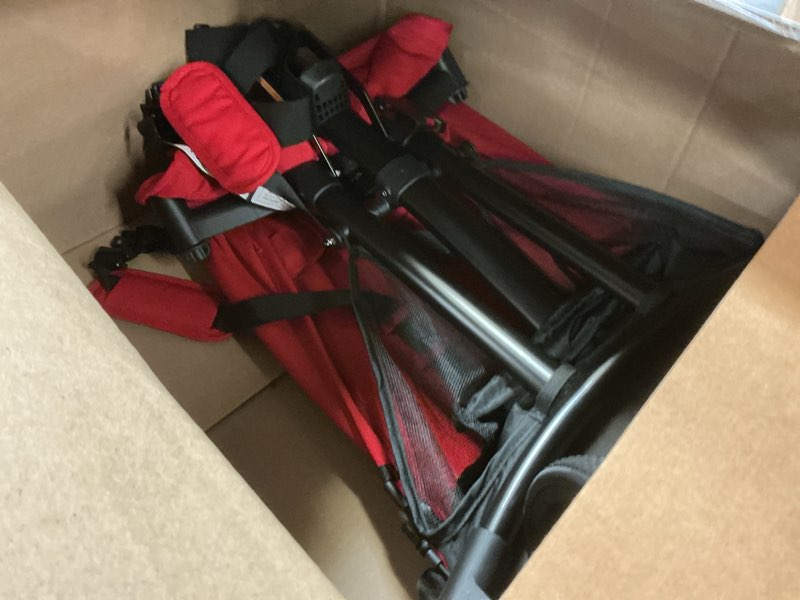 Condition photo showing As Is for evolur roamer ultra lightweight stroller, compact one-hand self-standing fold travel stroller with 5-point safety harness, adjustable sun canopy, 360° rotating wheels with cup holder - red