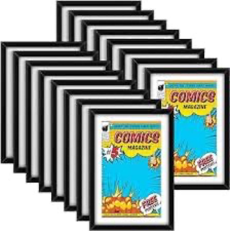 Geetery 16 Pack Comic Book Frame, UV Protection, Comic Picture Magazine Frames Fits Current up to 6 3/4 x 10 1/4, Wall or Tabletop Display with Spring Clips Installed Hangers(Black (White Mat)) Black (White Mat) 16