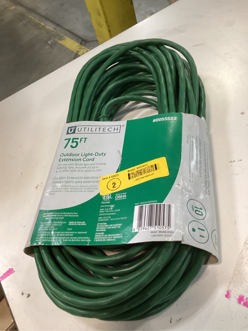 Condition photo showing As Is for yojoe indoor outdoor extension cord, 3 prong 10a weatherproof power cord, 16 gauge heavy duty 75 ft green extension cord for garage, garden and home, 16/3 sjtw ul listed 75 foot 16/3 standard green