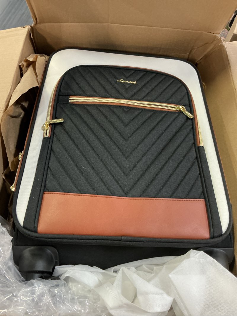 Condition photo showing Good Condition for lovevook carry on luggage 22x14x9 airline approved,20 inch carry-on suitcase for women,softside suitcases with wheels,rolling checked luggage with tsa lock,lightweight travel 20 inch black/white/brown