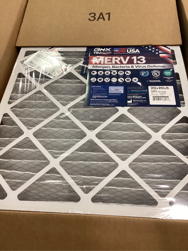 bnx trufilter 20x20x5 air filter merv 13 (2-pack) - made in usa - electrostatic pleated air conditioner hvac ac furnace filters for allergies, pollen, mold, bacteria, smoke, allergen, mpr 1900 fpr 10 20x20x5  2-pack