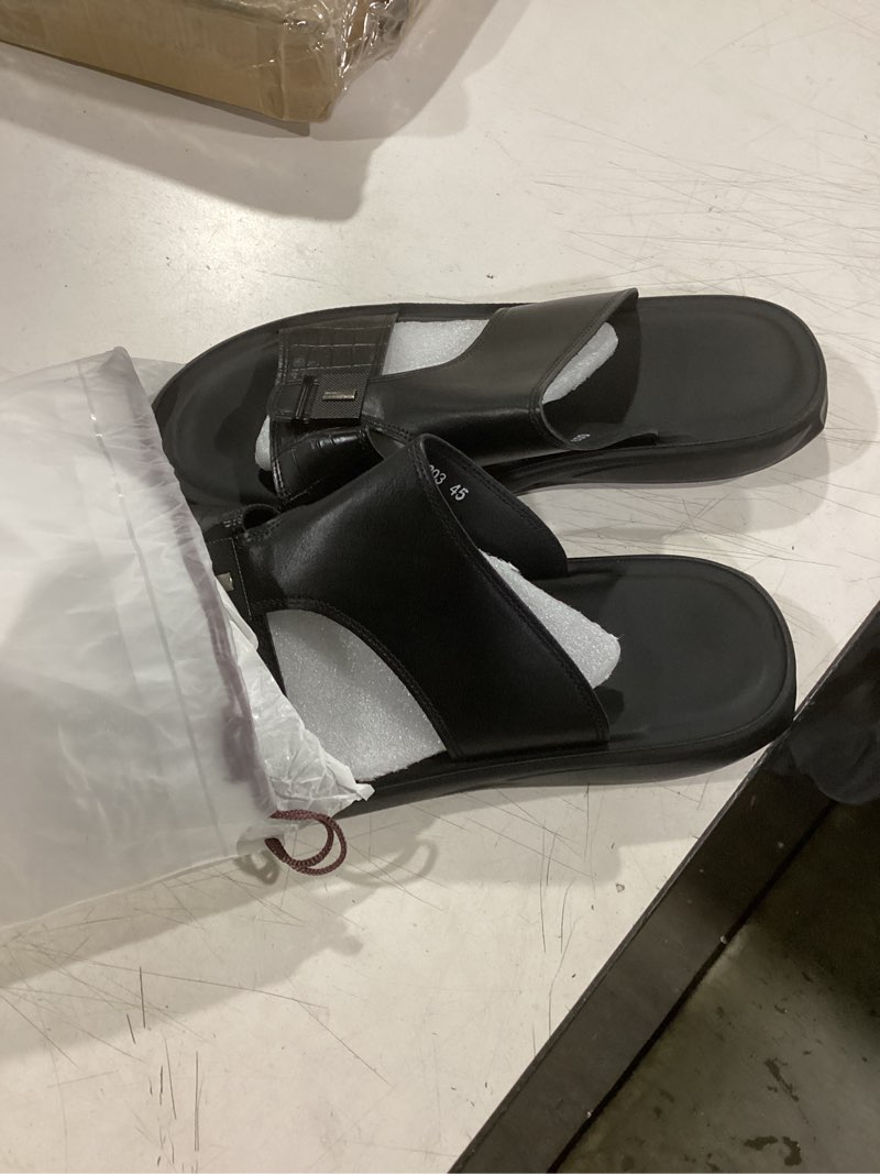 Condition photo showing Good Condition for men's printed leather flat sandals summer round toe comfortable slip-on daily casual slippers lightweight beach sandals 11 black/c