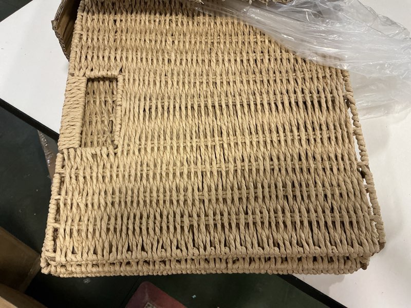 Condition photo showing Good Condition for Foldable Storage Baskets with Handles Paper Rope Storage Baskets Rectangle Collapsible Hand Woven Storage Cubes Bins for Organizing Shelves Living Room Bedroom Pantry (4, 13'' x 13'' x 13'') 13'' x 13'' x 13'', set of 4 Natural