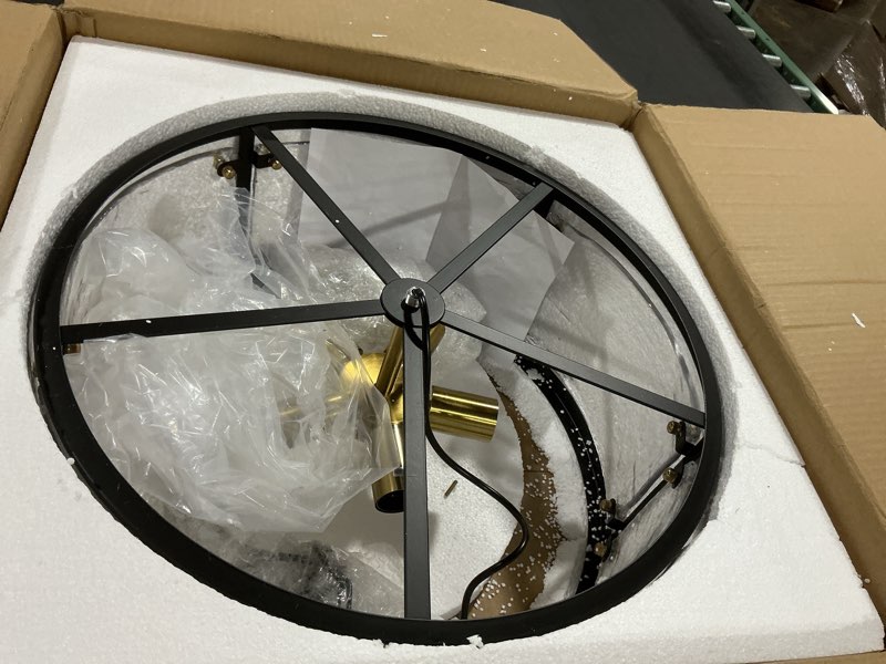 Condition photo showing As Is for Black Drum Chandelier for Dining Room, 20" Round Glass Dining Room Light Fixtures Over Table, 5-Light Industria Hanging Pendant Light for Hight Ceiling,Foyer,Living Room,Entryway,Kitchen Black 5-light