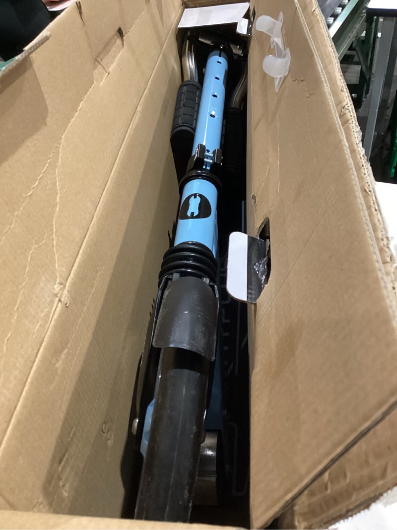 Condition photo showing Good Condition for kick scooter for ages 6+,kid, teens & adults. max load 240 lbs. foldable, lightweight, 8in big wheels for kids, teen and adults, 4 adjustable levels. bearing abec9 blue