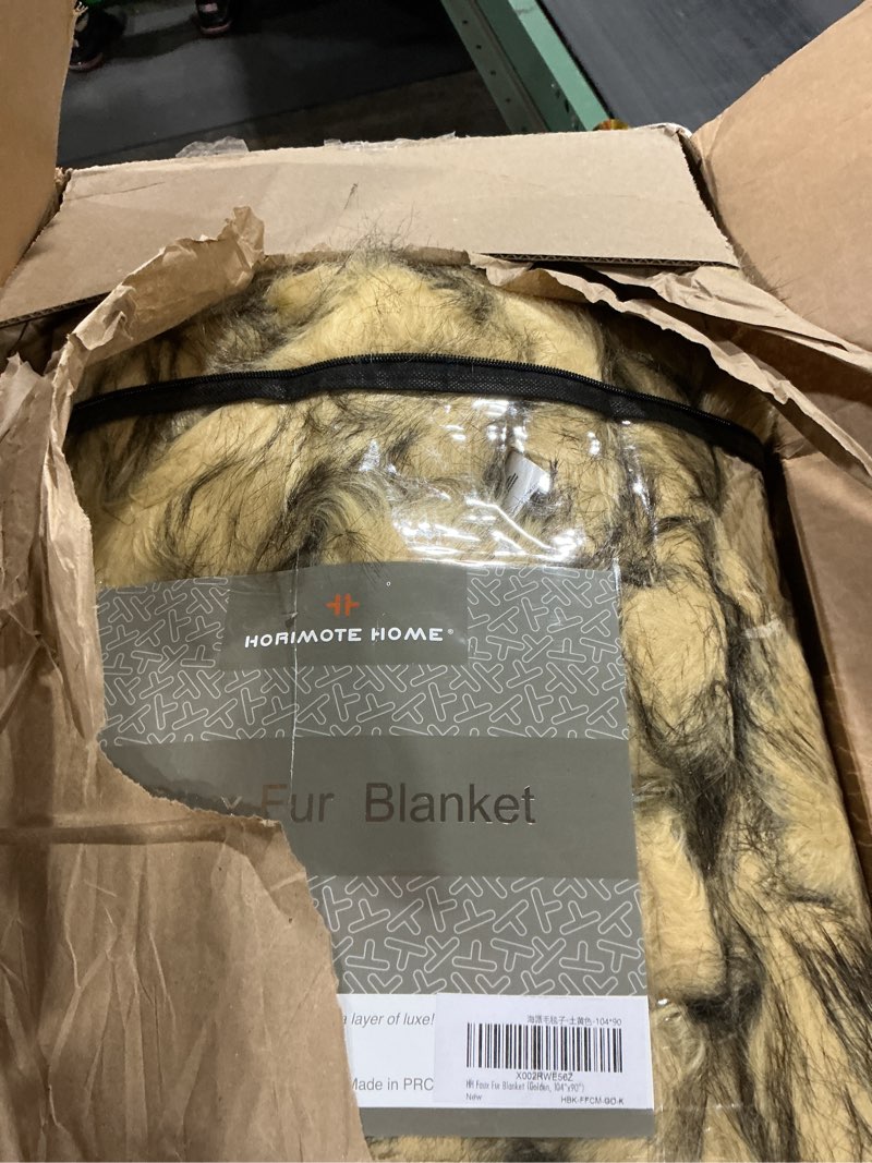 Condition photo showing As Is for Luxury Plush Faux Fur Blanket King Size, Long Pile Golden Yellow with Black Tips Throw, Oversized Super Warm, Fuzzy, Elegant, Fluffy Shaggy Throw Blanket for Sofa, Armchair, Couch and Bed, 104"x90" Golden Yellow 104'' x 90''