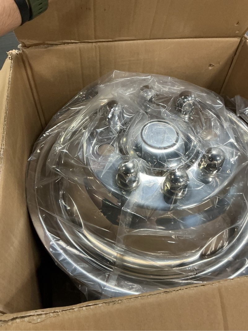 Condition photo showing Good Condition for hightall 16 Wheel Simulators, 16" 8 Lug Stainless Steel RV Hubcaps,Polished Surface,2Pcs Front Wheel/2Pcs Rear Wheel,Bolts On Wheel Cover Set Compatible with Ford 2008-2024 E-350/E450 Dual Rear Wheel 16“ For 2008-2025 E350 E450
