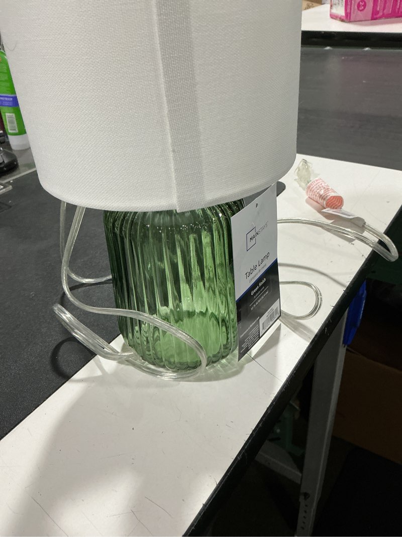 Condition photo showing Good Condition for mainstays green glass table lamp with white linen shade  12.75 inch