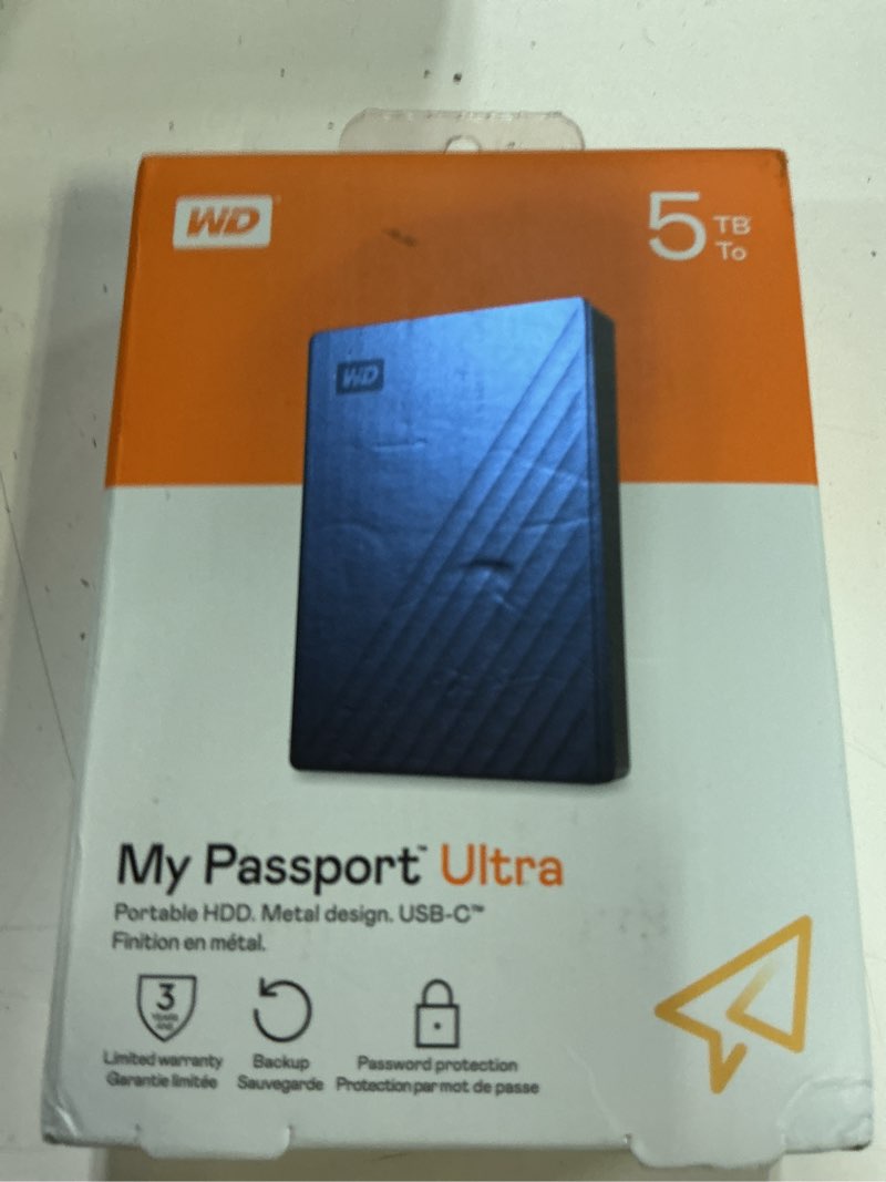 Condition photo showing New/Like New for wd 5tb my passport ultra, blue, portable external hard drive, backup software with defense against ransomware, and password protection, usb-c and usb 3.1 - wdbftm0050bbl-wesn