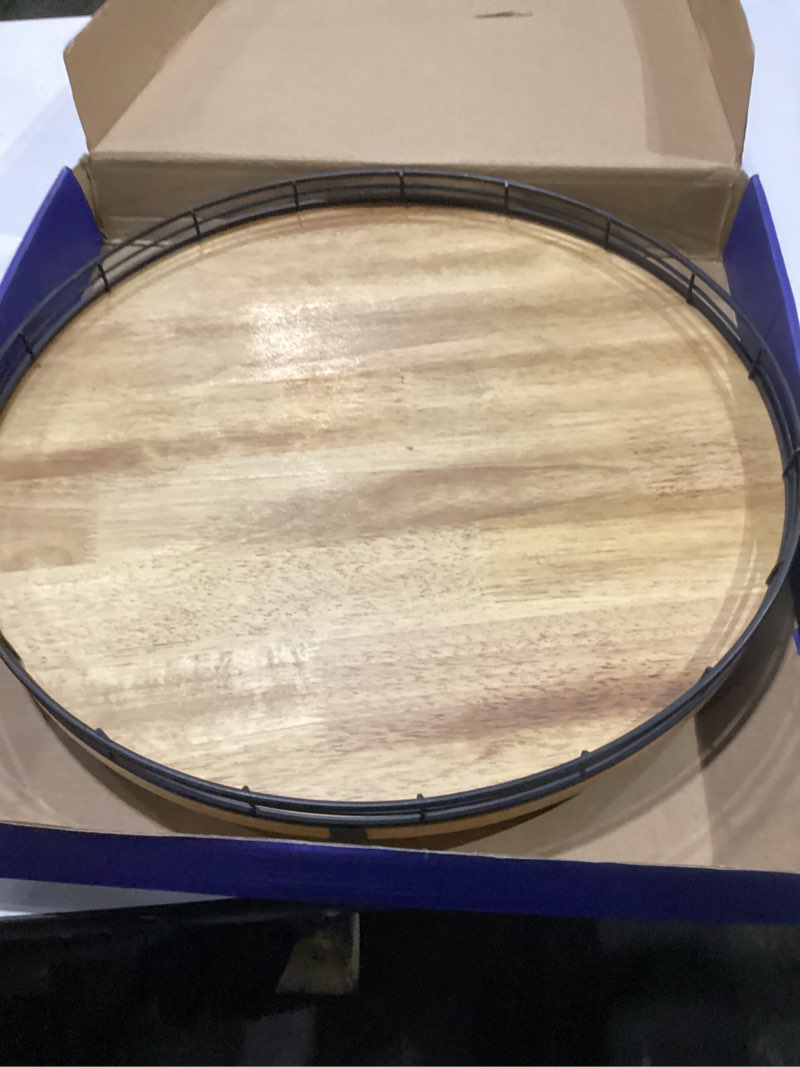 Condition photo showing New/Like New for 16" Lazy Susan Oak Wood Turntable Organizer for Cabinet, Farmhouse Round Wooden Large Lazy Susan Organization and Storage for Dining Table, Pantry, Kitchen, Bathroom, Countertop, Cupboard, Home Decor Brown & Black 16