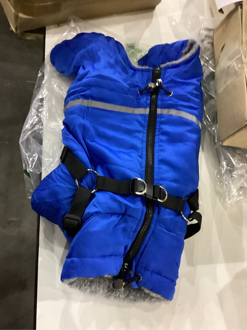 Condition photo showing As Is for BRKURLEG Blue Dog Winter Coat, Cozy Winter Dog Jackets, Small Dogs Coat with Harness, Onesie Body Warm Puppy Christmas Jacket, Pet Reflective Cold Weather Jackets, Puppy Four-Legged Puffer Coats, M Medium Blue