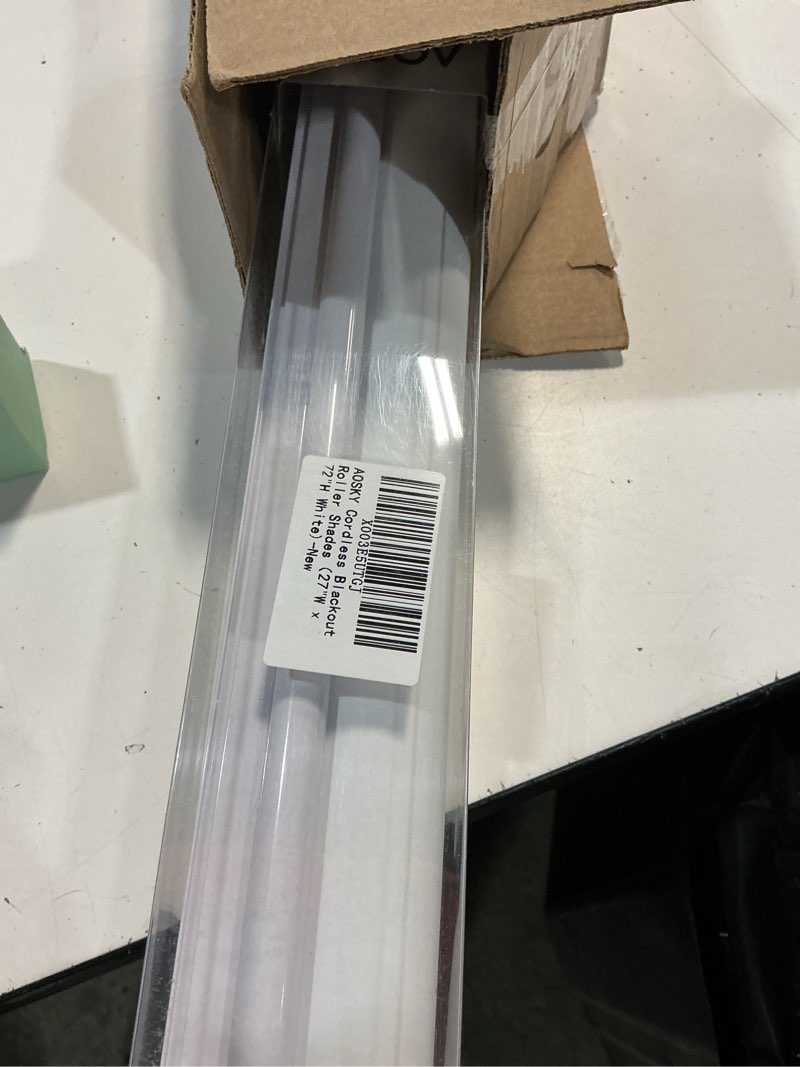 Condition photo showing Good Condition for aosky cordless roller shades blackout blinds for windows room darkening rolled up shades with spring system, uv protection window shades door blinds for home and office (27" w x 72" h, white) 27"w x 72"h white