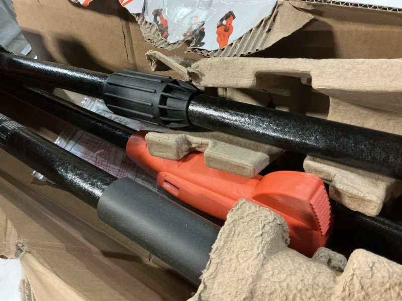 Condition photo showing As Is for black+decker 20v max cordless pole saw kit with battery and charger included, 14-inch battery pole saw, includes oil bottle, wrench and blade guard (lpp120) 20v pole saw kit