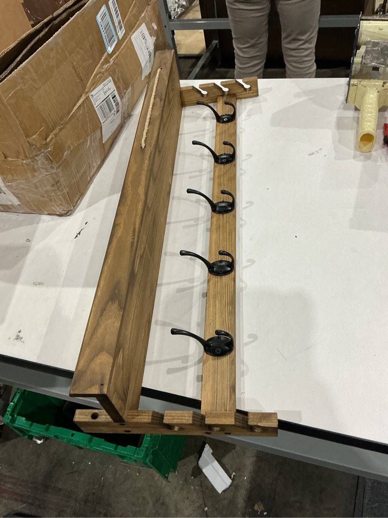 Condition photo showing Good Condition for ambird wall hooks with shelf 28.9 inch length entryway wall hanging shelf wood coat hooks for wall with shelf wall-mounted coat hook rack with 5 dual hooks for bathroom, living room, bedroom (brown )