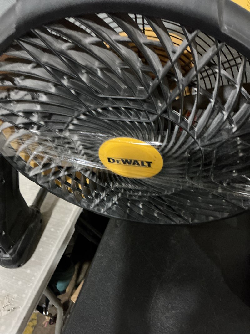 Condition photo showing As Is for dewalt 18-in high velocity indoor/outdoor industrial fan, battery powered, in yellow