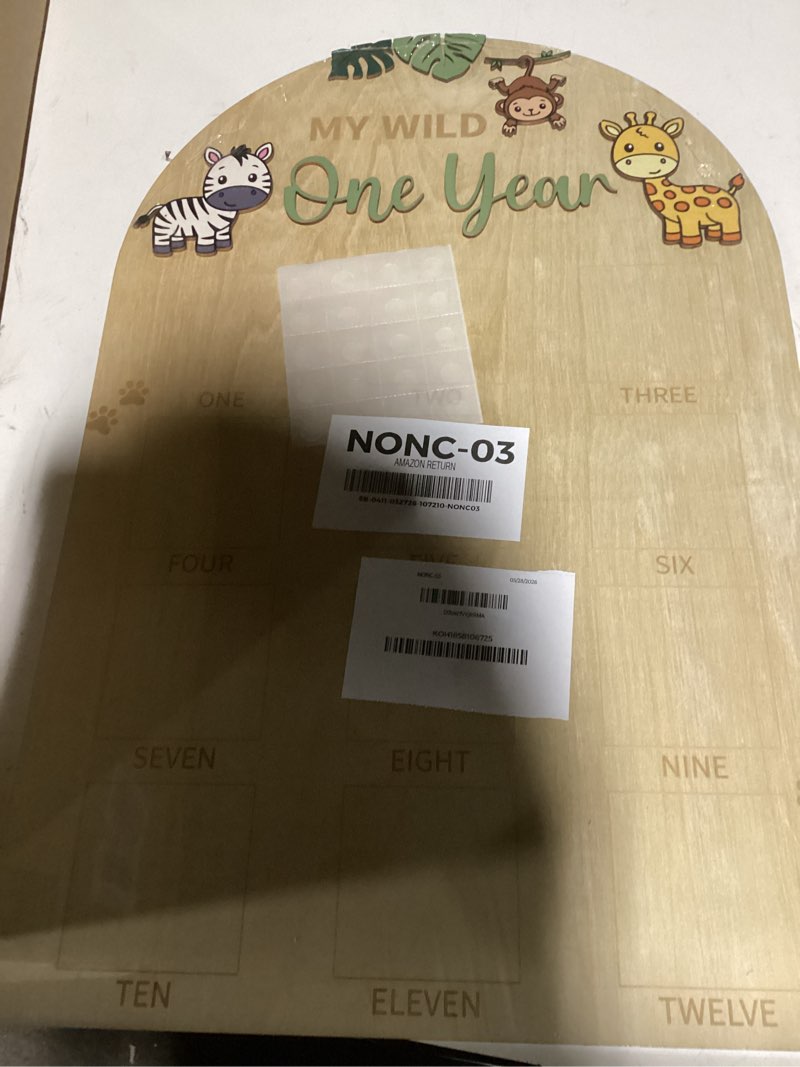 Condition photo showing New/Like New for one wild year photo wood board - jungle lion 1st birthday decorations, newborn first year monthly milestone photos, little lion 1 to 12 months photo display, wild one birthday wooden photo board (lion photo board)