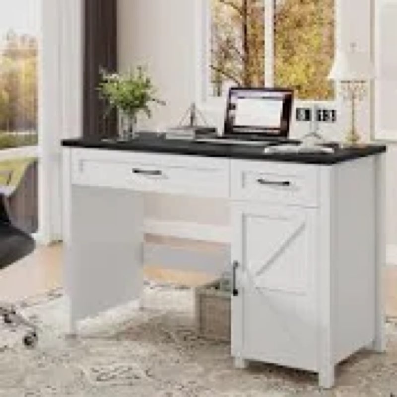 Farmhouse 47" Executive Desk, Computer Desk with Drawers and Storage Cabinet, Workstation Computer Desk with Charging Station for Home Office Study.Black