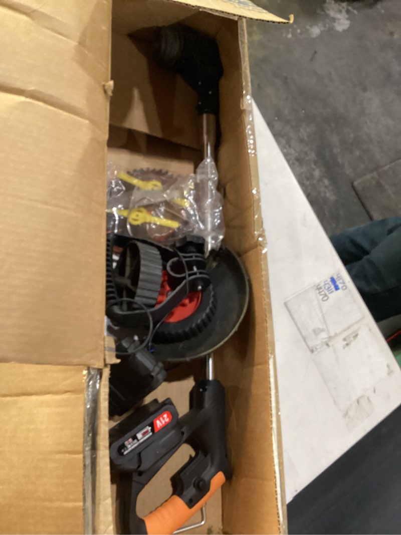 Condition photo showing As Is for electric weed wacker cordless with wheels,21v lightweight electric weed eater battery powered,4 in 1 grass trimmer/brush cutter/lawn edger/lawn mower,no string trimmer battery operated for garden yard black