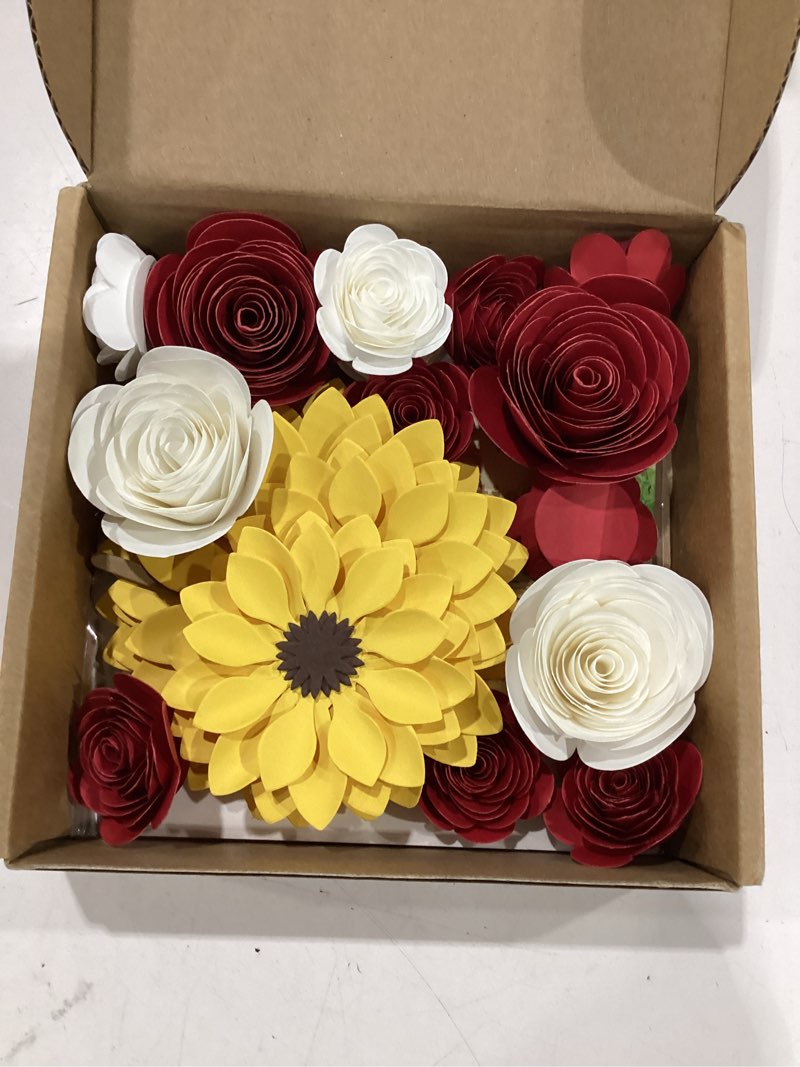 Condition photo showing New/Like New for nezyo 30 pack flower and butterfly diy decorations set 18 pcs flower heads 12 pcs 3d butterfly flat back roses yellow sunflower heads for grad hats wedding baby shower home decor(red, yellow)