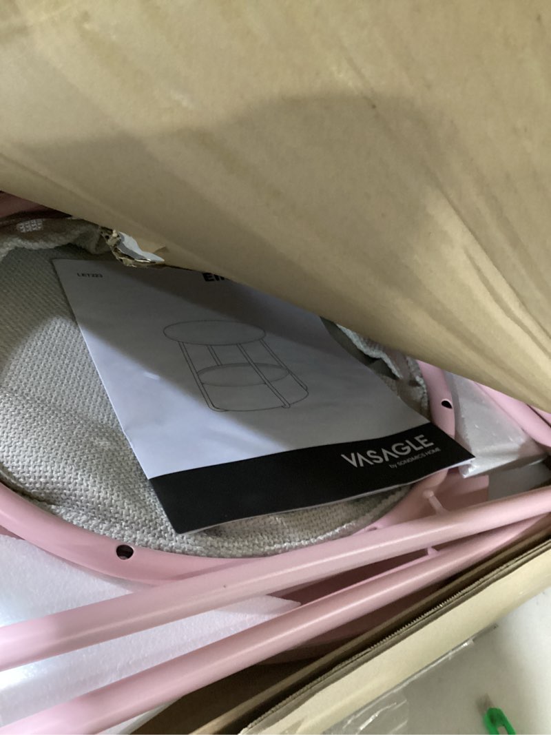 Condition photo showing As Is for vasagle lilea collection - small round side end table, modern nightstand with fabric basket, jelly pink and cream white ulet223r61 jelly pink + cream white 17.7"dia. x 19.7"h
