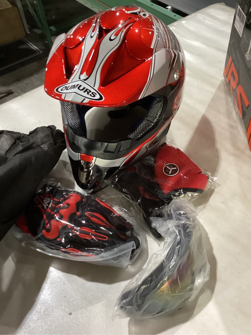 Condition photo showing New/Like New for Adult Motocross Dirt Bike Helmet with Goggle, Gloves & Mask - DOT/FMVSS-218 Off-Road Motorcycle & ATV Helmet with Adjustable Sun Visor New Red Flame Large