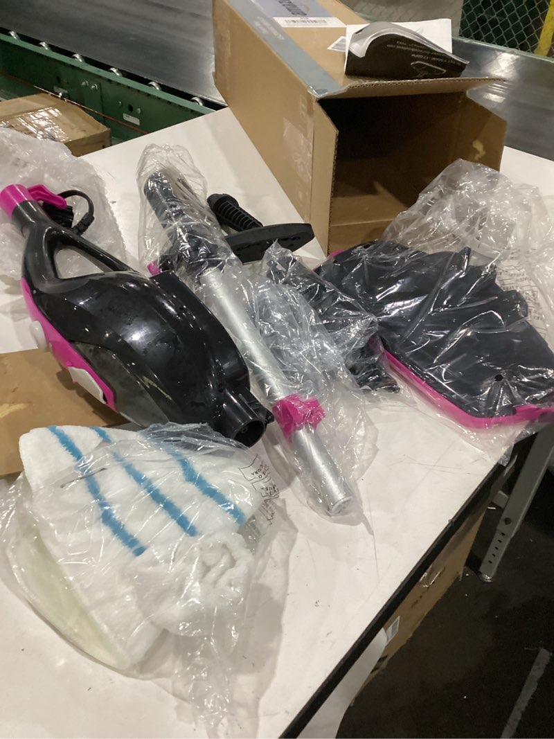 Condition photo showing As Is for olixis 10-in-1 steam mop, 1550w detachable handheld steam cleaner for floor cleaning, 16.4ft cord, 2 washable pads, multi-purpose floor steamer for hardwood, carpet, tile, grout, windows, black pink black pink 12.4"*6.89"*47.24"