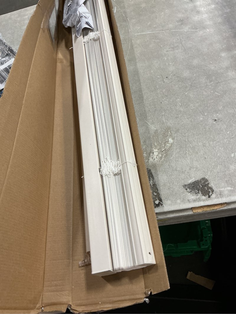 Condition photo showing As Is for lotus & windoware cordless mini blind, 1" vinyl slats, 35" wide x 48" long - white, window blinds for home and office, interior door blinds - light filtering 35"w x 48"h white
