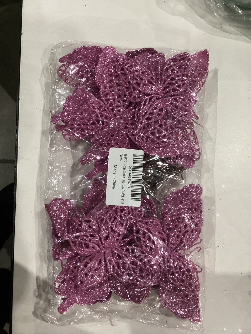 Condition photo showing New/Like New for 16-Piece Glitter Christmas Ornaments - 2 Styles Hollow Butterfly Decorations with Clips - Artificial Ornaments for Christmas Tree, Holiday Crafts - Pink