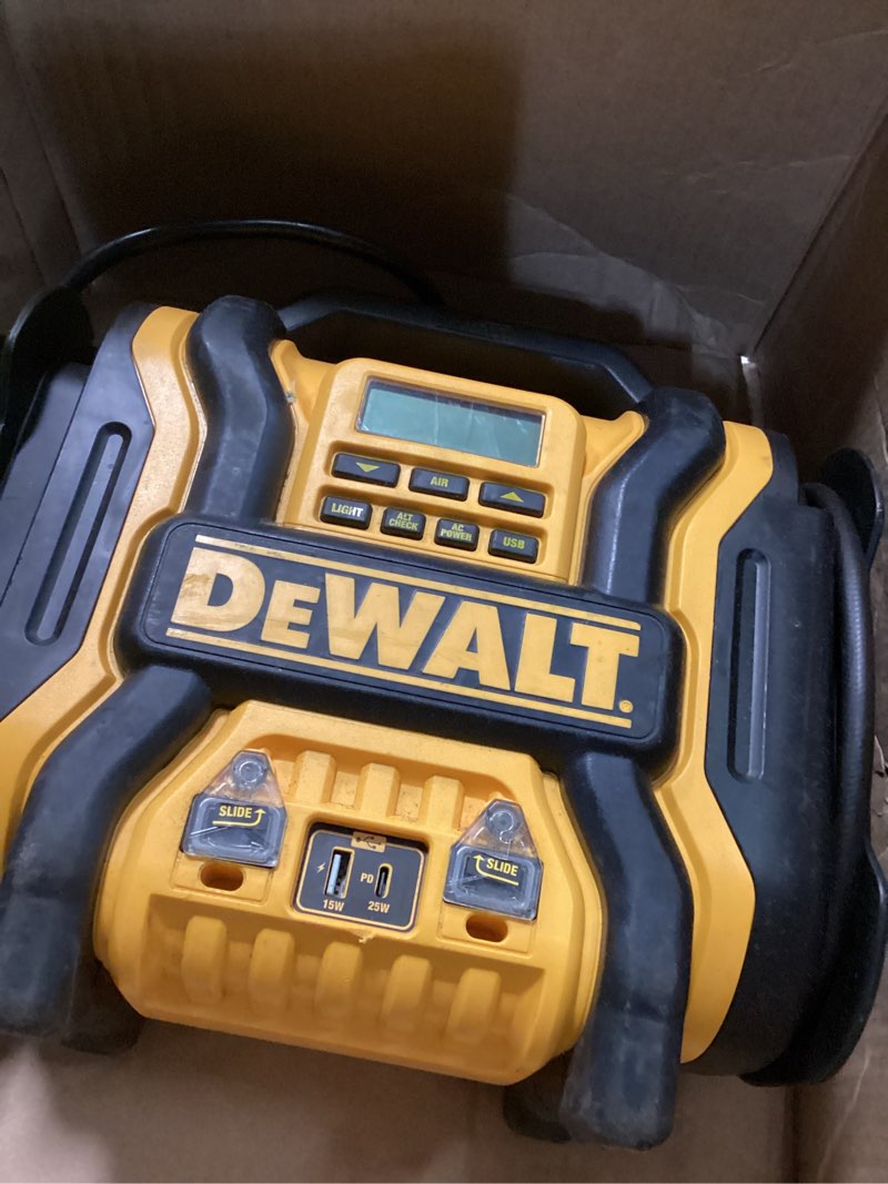 Condition photo showing As Is for DEWALT DXAEPS14-Type2 2000 Peak Battery Amp 12V Automotive Battery Booster Jump Starter/Power Station with 120 PSI Compressor, 500W AC Power Inverter, and 15W USBa & 25W USB Ports 2000 Amp