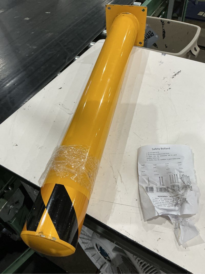 Condition photo showing As Is for yellow steel safety bollard post with anchor bolts for garage or parking lot (set of 4)
