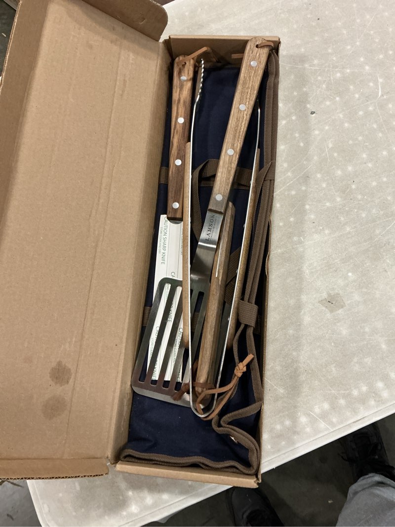 Condition photo showing New/Like New for bbq 20" premier 4-piece set (fork, turner, tongs, knife) and bag