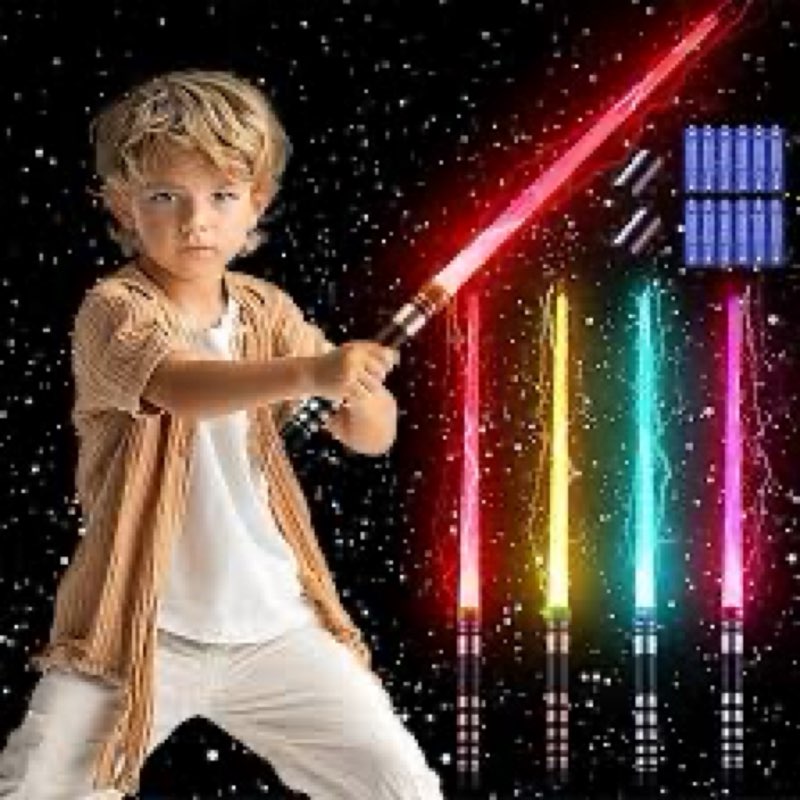 sanco light up sabers set for kids - 4 pack 7 colors retractable mechanical claw power swords with fx sound, 2pcs led glasses & wristbands, glowing toys for christmas, birthday gifts for boys & girls
