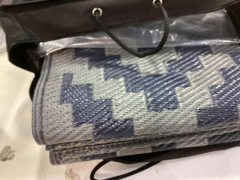 Condition photo showing Good Condition for SAND MINE Reversible Mats, Plastic Straw Rug, Modern Area Rug, Large Floor Mat and Rug for Outdoors, RV, Patio, Backyard, Deck, Picnic, Beach, Trailer, Camping (5' x 8', Blue Grey Lattice) Blue & Grey 5' x 8' (Rectangular)