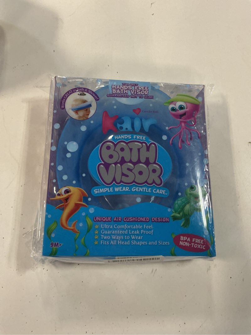 Condition photo showing New/Like New for kair bath visor for babies, silicone air cushioned shower cap for kids, shower water guard for 1-9 years children bath and toddler bath (head circumference greater than 15 inches) blue
