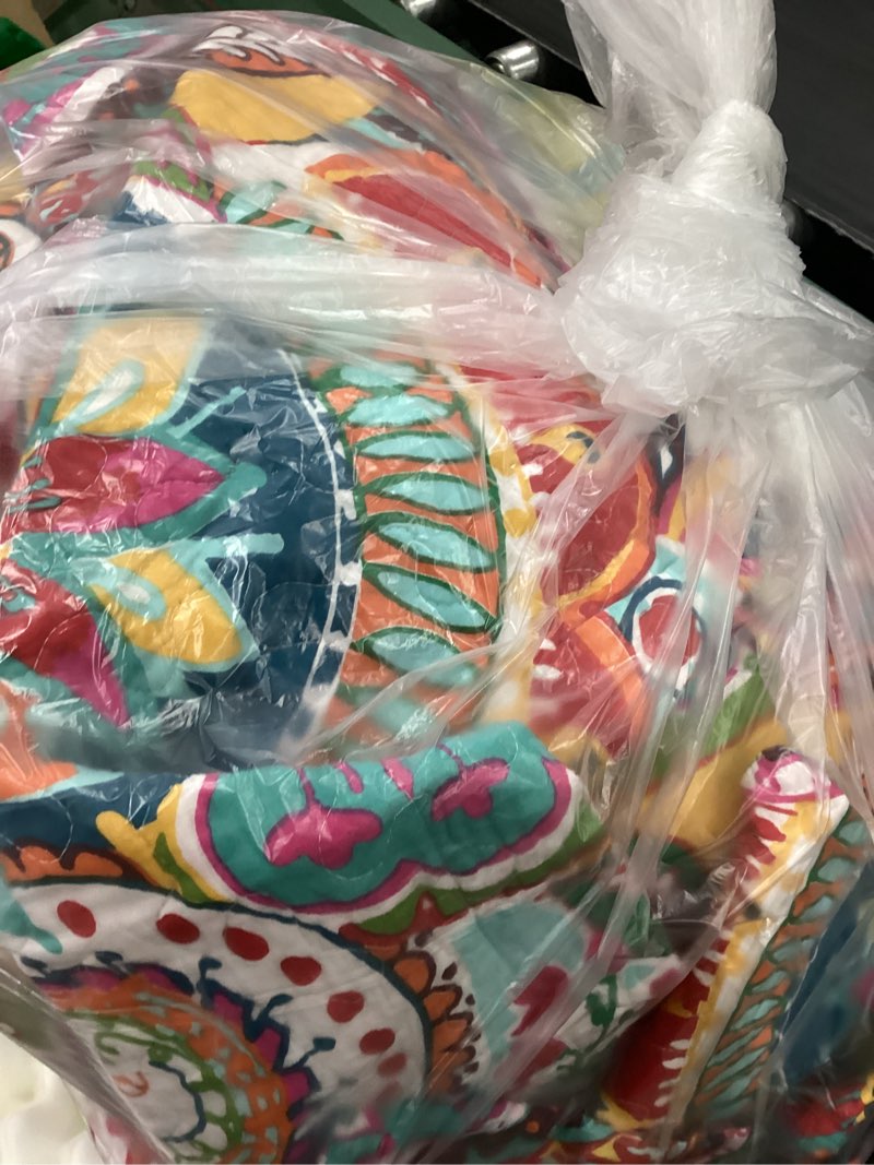 Condition photo showing As Is for levtex home rhapsody quilt set - king quilt + two king pillow shams - paisley in yellow orange red green blues