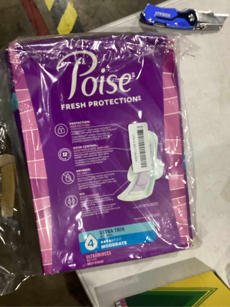 Condition photo showing New/Like New for Poise Ultra Thin Incontinence & Postpartum Pads with Wings for Bladder Leaks, 4 Drop Moderate Absorbency, Regular Length, 54 Count, Packaging May Vary