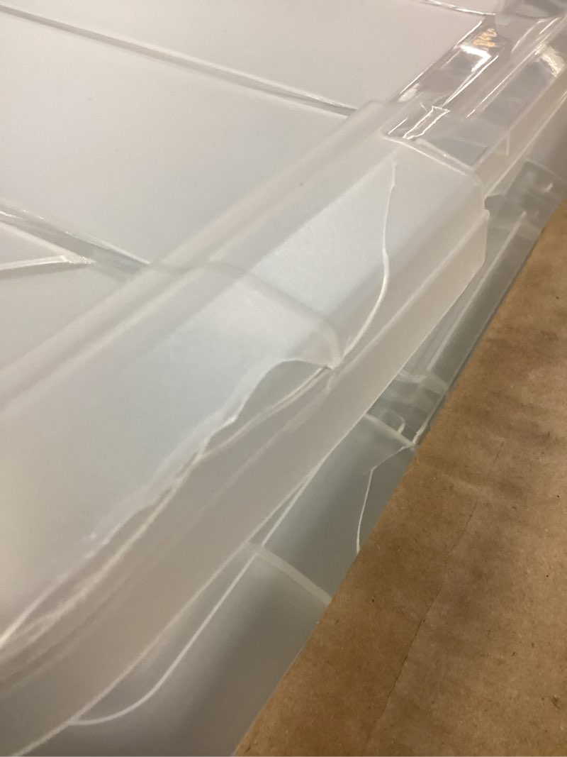 Condition photo showing As Is for lifetime appliance parts 4 pack 75 qt. plastic storage bin tote organizing container with ultra durable lid & secure latching buckles stackable extra strength clear w/black handle 75qt - 4 pack