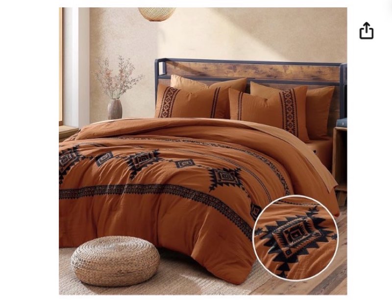 mairêve embroidery comforter set, boho farmhouse western bedding set, all season bed in a bag comforter set with sheets, pillowcases & shams, burnt orange
