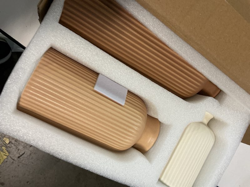 Condition photo showing New/Like New for large modern ceramic vase set, coffee ribbed matte design, 3-piece decorative vases for home, living room, office (xl coffee mix)