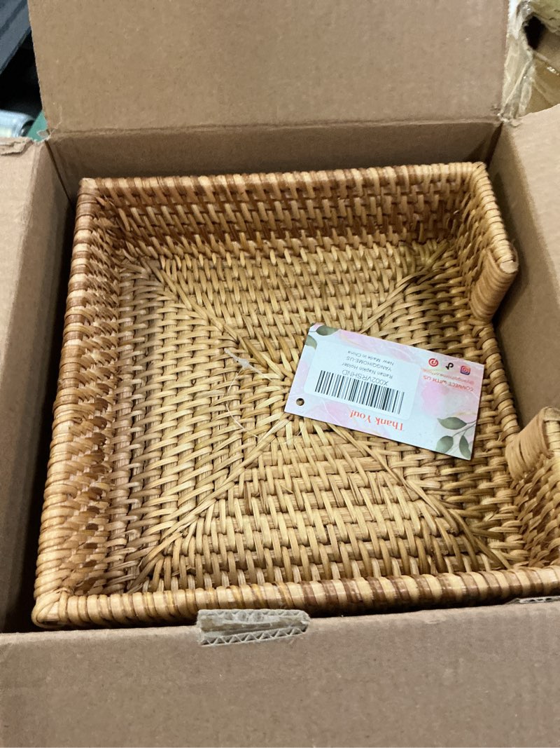 Condition photo showing New/Like New for 2 pack rattan napkin holder square, napkin holders for paper napkins, 7.5" x 7.5" x 2.5", wicker napkin tray, woven guest towel holder for restaurant/kitchen/bathroom napkin holder for table rattan(2 pack) 7.5 inch